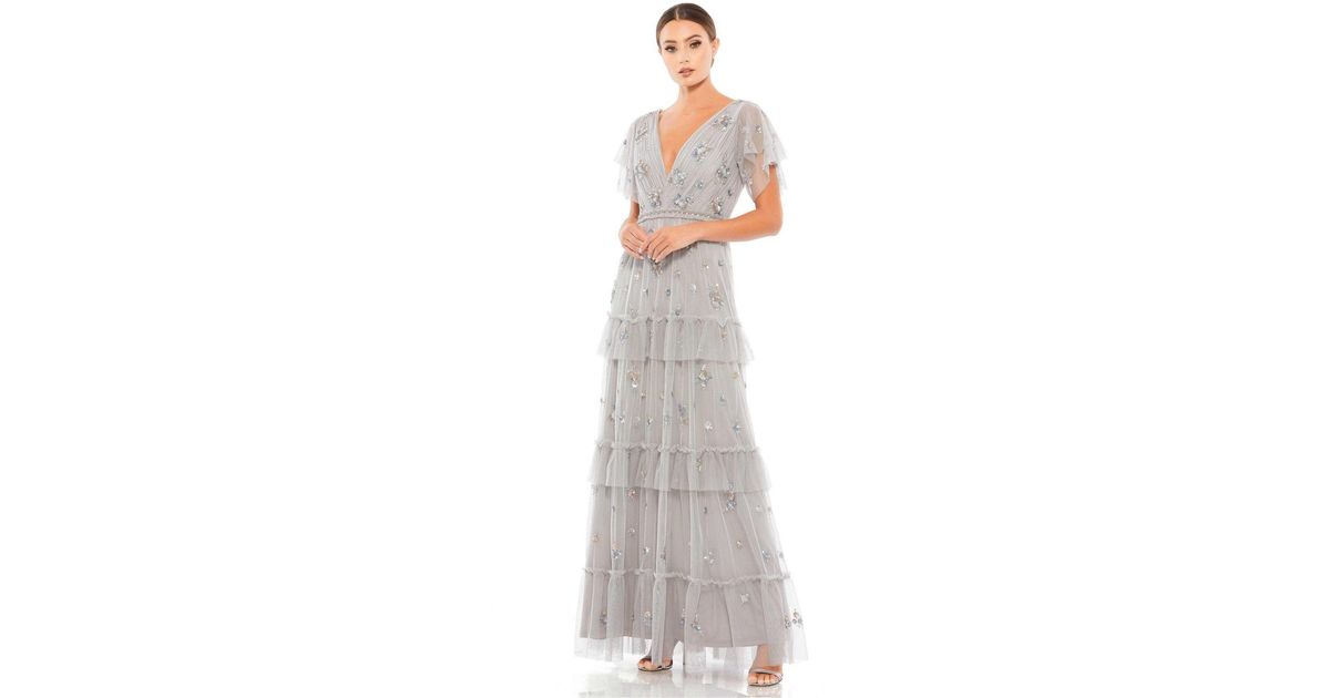 Mac Duggal Ruffle Tiered Embellished Flutter Sleeve Gown in White | Lyst