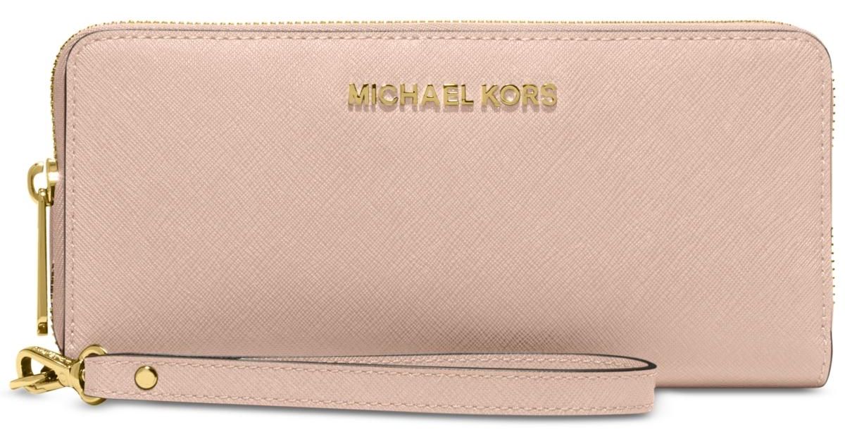 Michael kors jet set zip around card case wallet brown mk powder blush pink