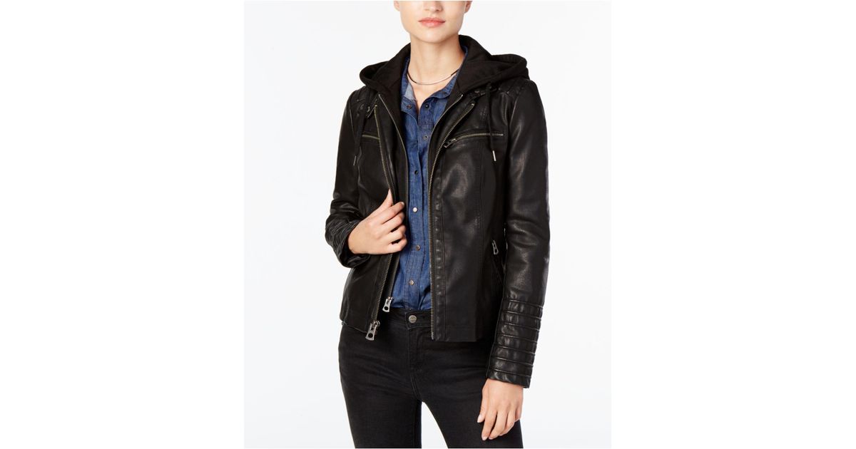 Lucky Brand Black Hooded Faux Leather Moto Jacket