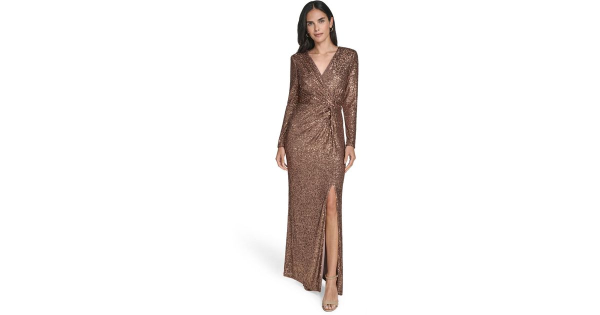 Jessica Howard Petite Twist Front Long-sleeve Gown in Brown | Lyst