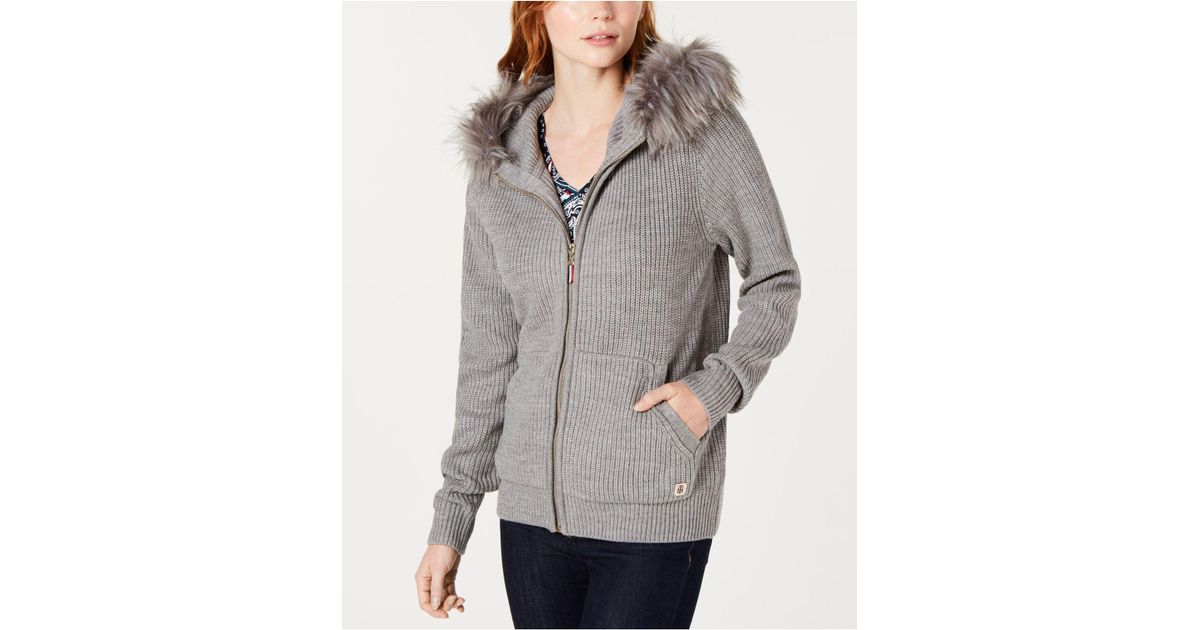 Svække Claire pris Tommy Hilfiger Faux-fur Hooded Sweater, Created For Macy's in Gray | Lyst