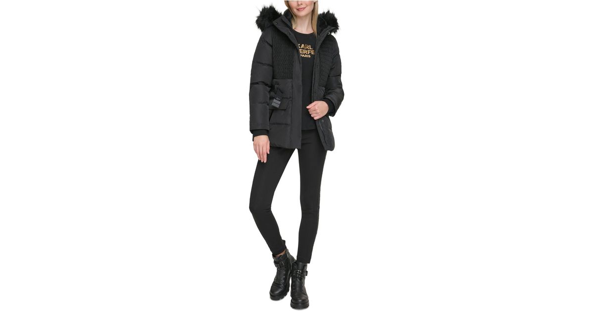 Karl Lagerfeld Faux-fur-trim Hooded Puffer Coat in Black | Lyst