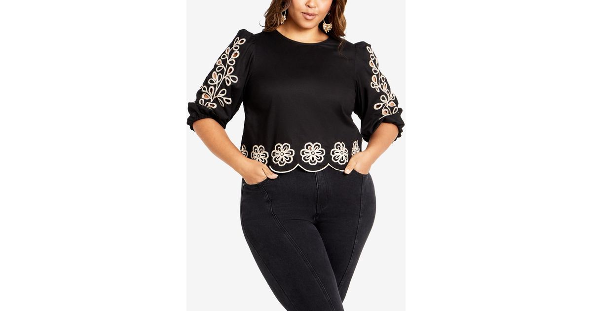 Avenue Plus Size Eternal Embroidered Round Neck Top in Black