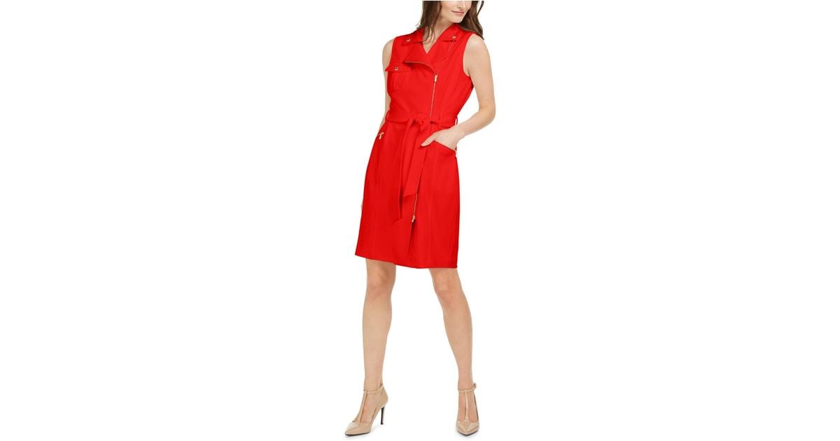 Calvin Klein Zipfront Belted Dress in Red Lyst