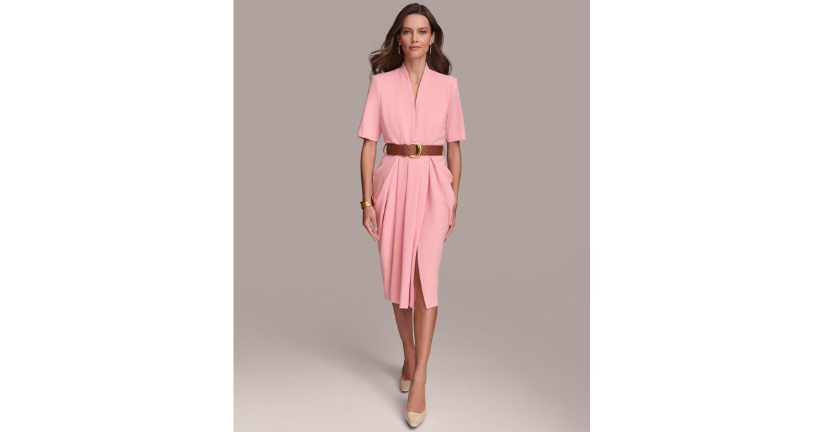 donna karan short sleeve collared v-neck belted midi dress Donna Karan New York Women's V-Neck Belted Short-Sleeve Midi Dress