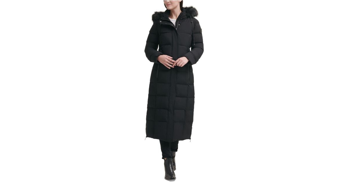 Dkny Stretch Faux Fur Trim Hooded Maxi, Dkny Long Black Winter Coat