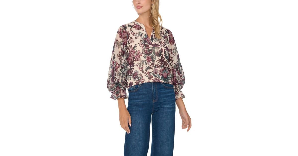 Vince Camuto Split Neck Floral-print 3/4-sleeve Chiffon Blouse in Blue ...