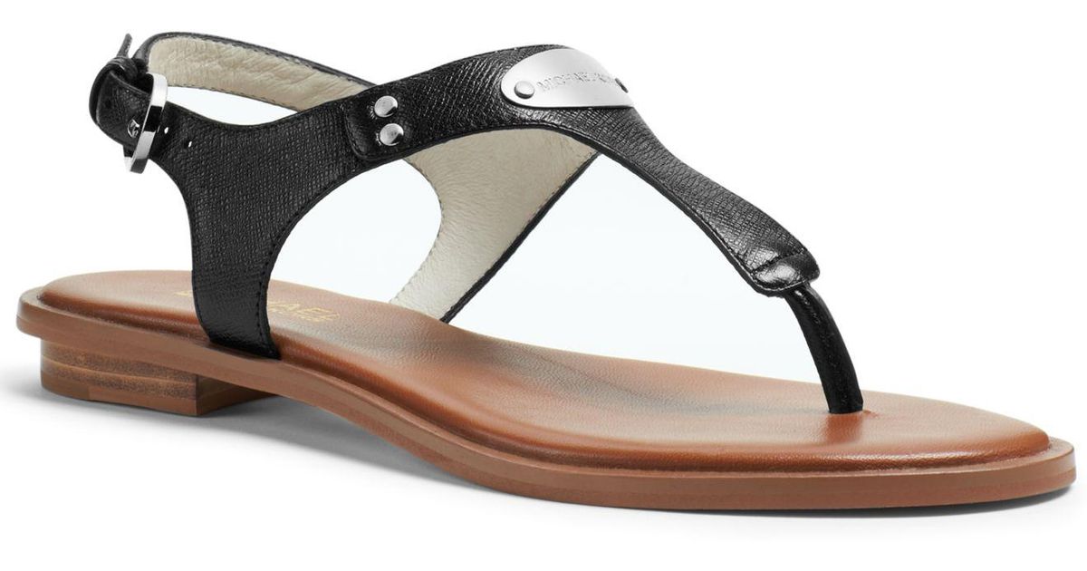 Michael Kors Leather Mk Plate Flat Thong Sandals in Black | Lyst
