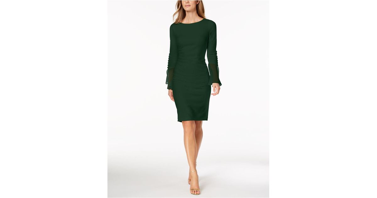 Calvin Klein Chiffon-bell-sleeve Sheath Dress in Green | Lyst
