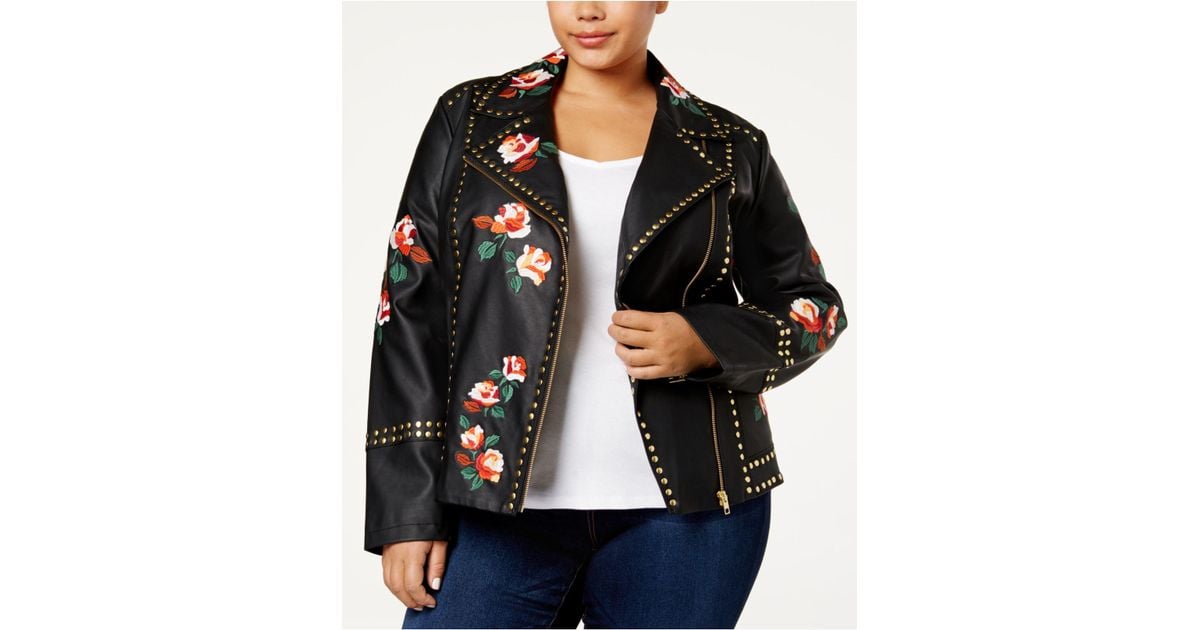 plus size embroidered leather jacket