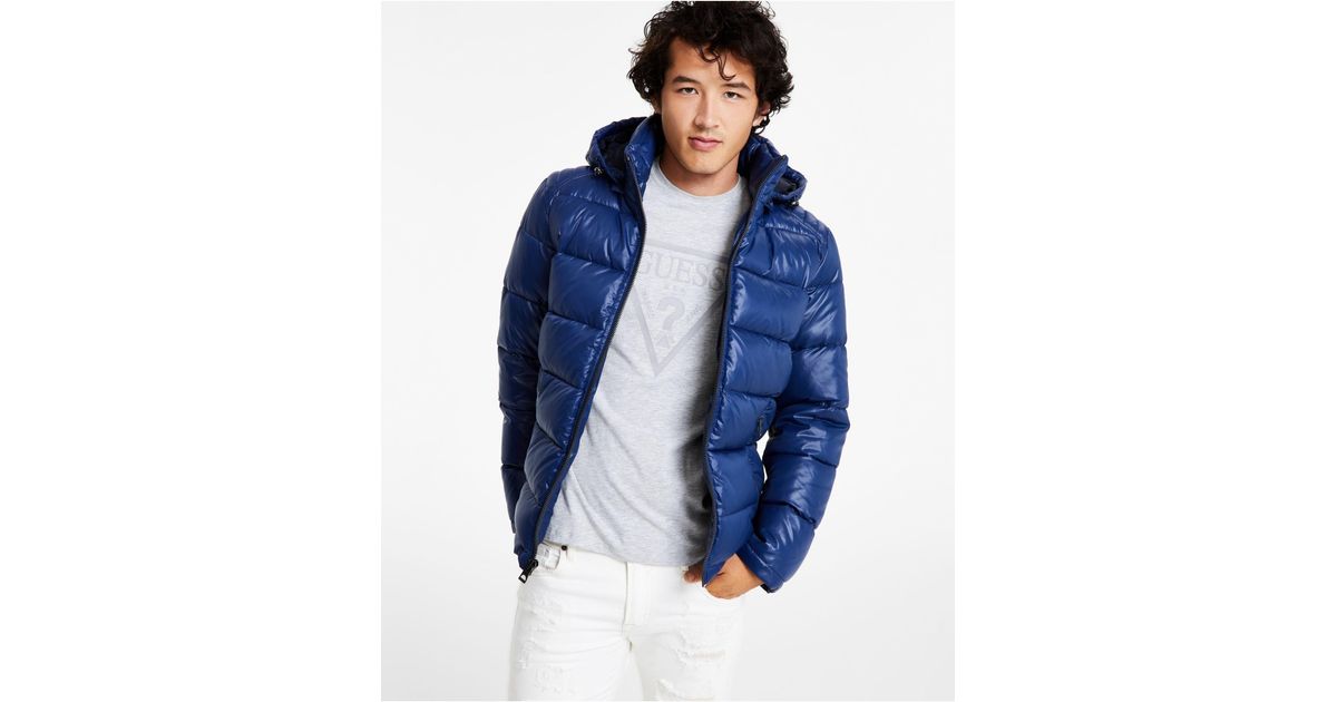 Guess Hooded Coat in Blue for Men | Lyst
