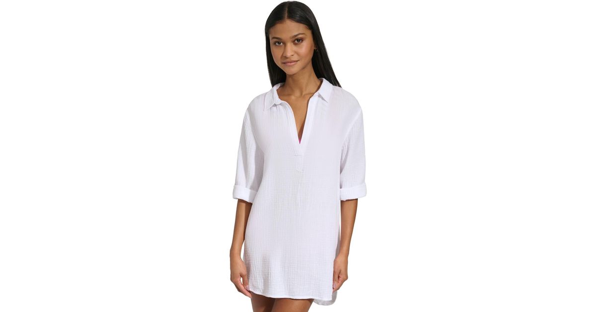 DKNY Gauze Beach Tunic Cotton Coverup Dress in White Lyst