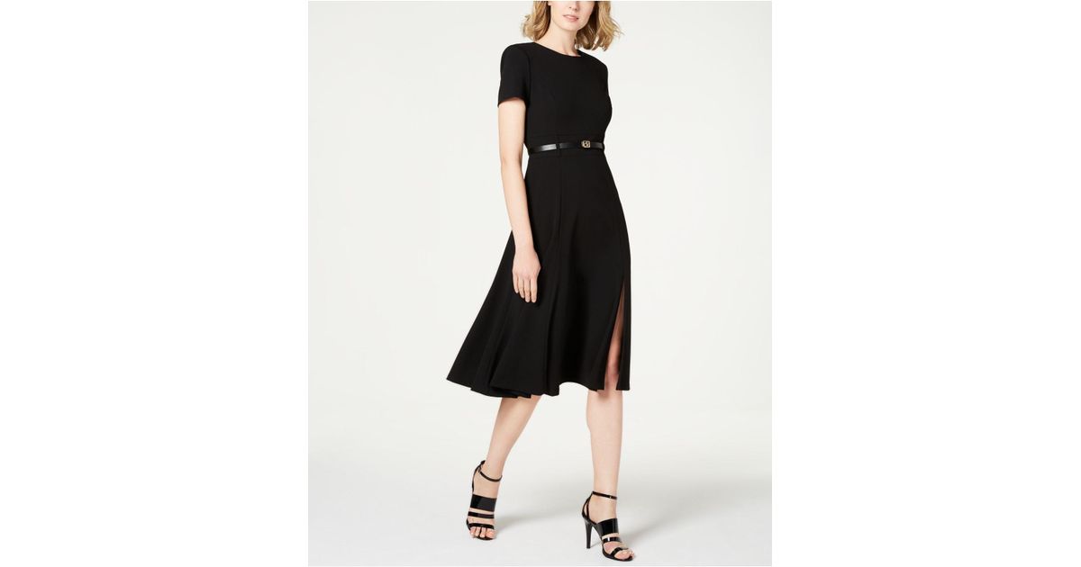 Calvin Klein Short Sleeve Belted Midi Dress in Black | Lyst