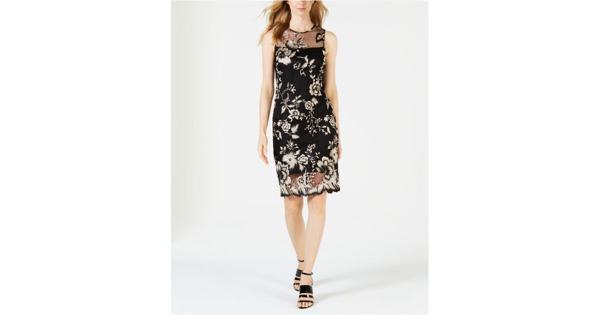 Calvin Klein Floral Embroidered Illusion Sheath Dress in Black | Lyst