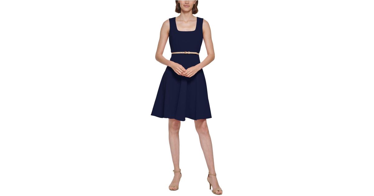Tommy Hilfiger Petite Belted Fit & Flare Dress in Blue | Lyst