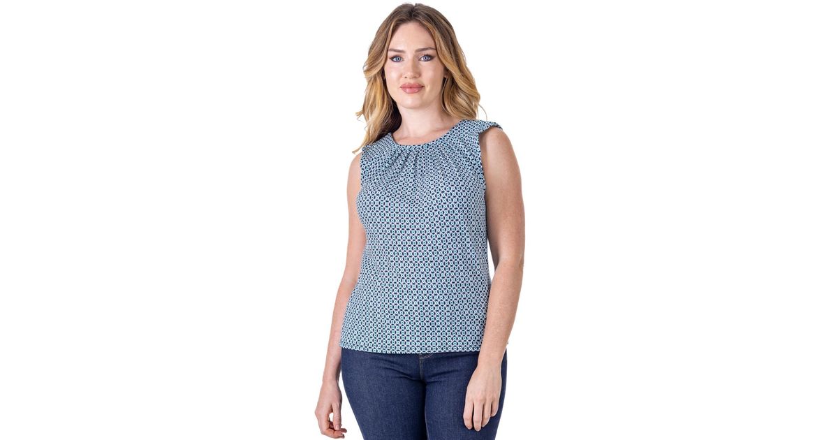 売れ筋商品|||２４セブンコンフォート カットソー トップス レディース Petite Blue Print Pleated Crew Neck Back Closure Sleeveless Top Blue Multi 24seven Comfort Apparel Petites Blue Print Pleated Crew