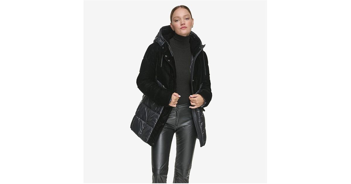 Andrew Marc Varna Velvet Mixed Quilted Puffer Jacket Within Attached Hood in Black Lyst