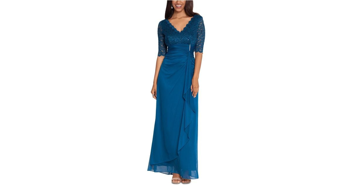Betsy & Adam Lace-top Waterfall-detail Gown in Blue - Lyst
