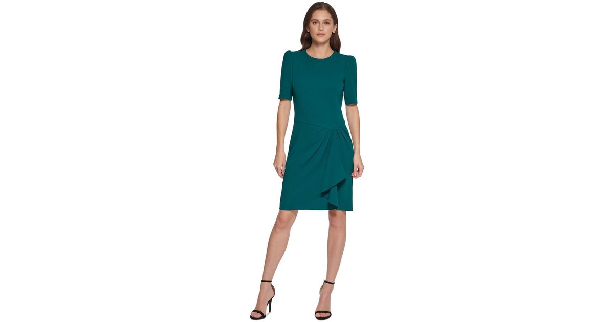 DKNY Puff-sleeve Draped-detail Sheath Dress in Green | Lyst