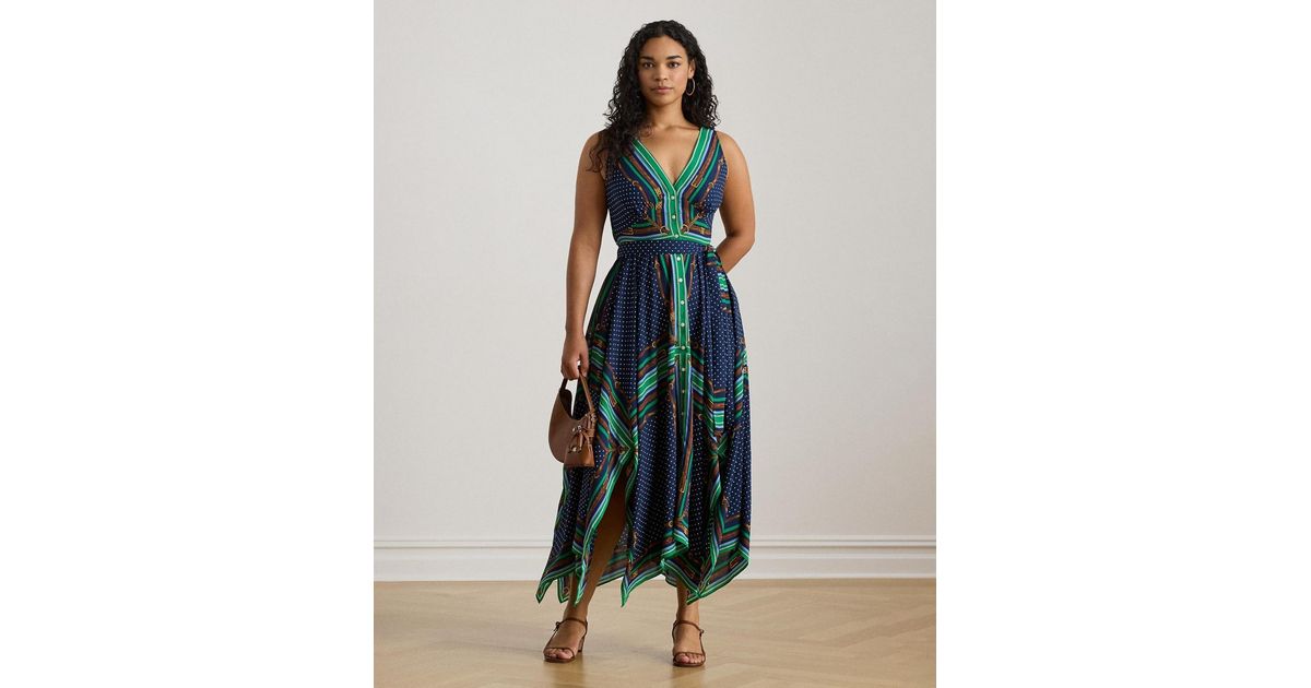 ralph lauren blue dress macys Floral Wrap Ralph Lauren Plus Size Belted Polka-dot V-neck Dress In Lyst fit collared midi dress