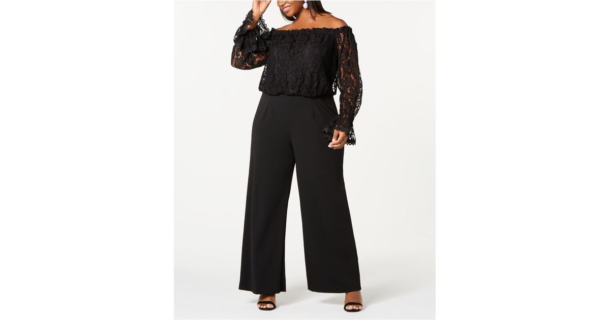 Adrianna Papell Plus Size Off-the-shoulder Lace Jumpsuit in Black | Lyst