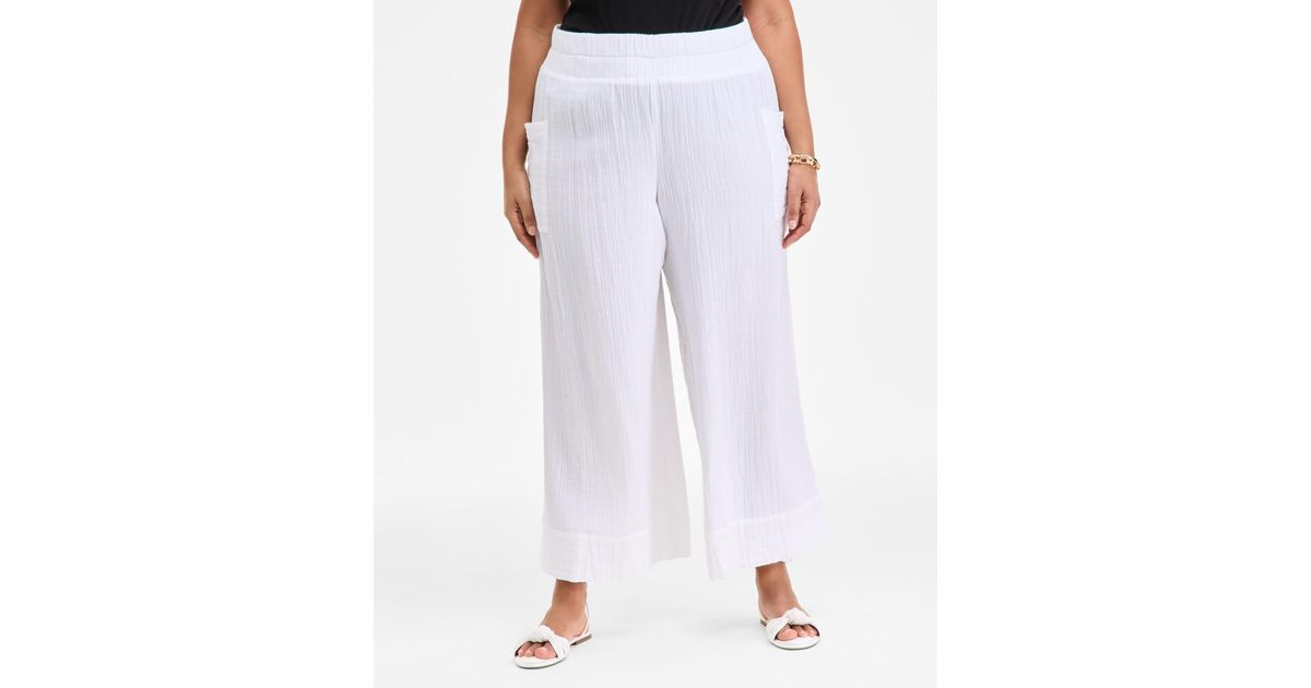 On 34th Plus Size Cotton Gauze Smocked-waist Wide-leg Pants in - Main Image