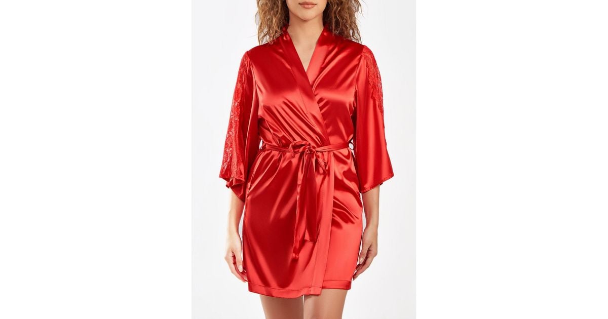 Red Robe All Viewpoints iCollection Milena Satin And Lace Robe in Red | Lyst