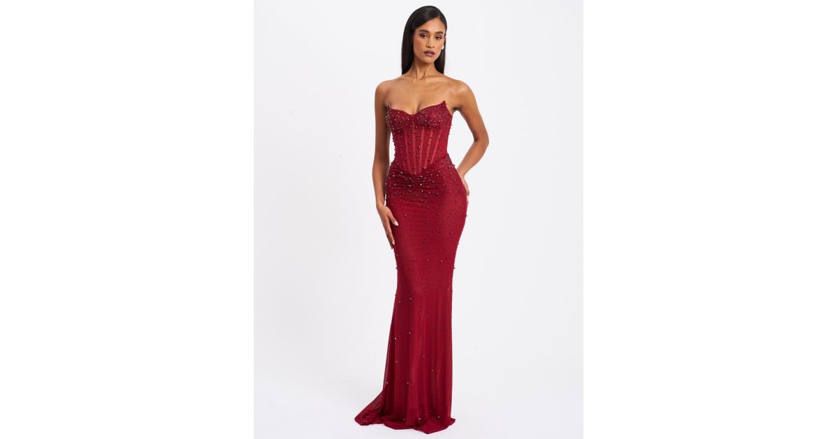 Miss Circle Fatima Burgundy Crystal Sleeveless Corset Mermaid Maxi Dress in  Red | Lyst