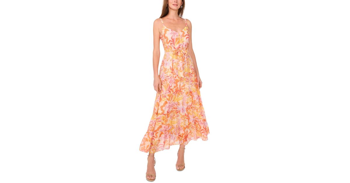 Msk Printed-chiffon Tie-waist Tiered Maxi Dress in Orange | Lyst