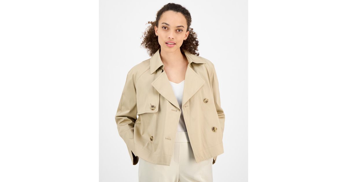 Anne Klein Petite Short Double-breasted Trench Coat in Natural | Lyst