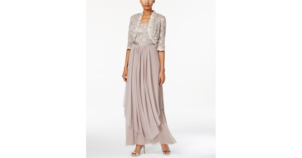r&m richards sequined lace belted gown and jacket