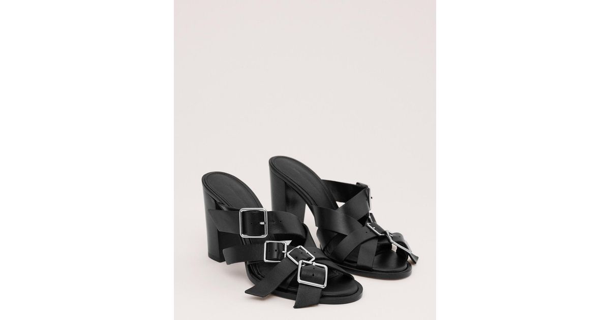 Mango Buckles Leather Strap Sandals in Black | Lyst