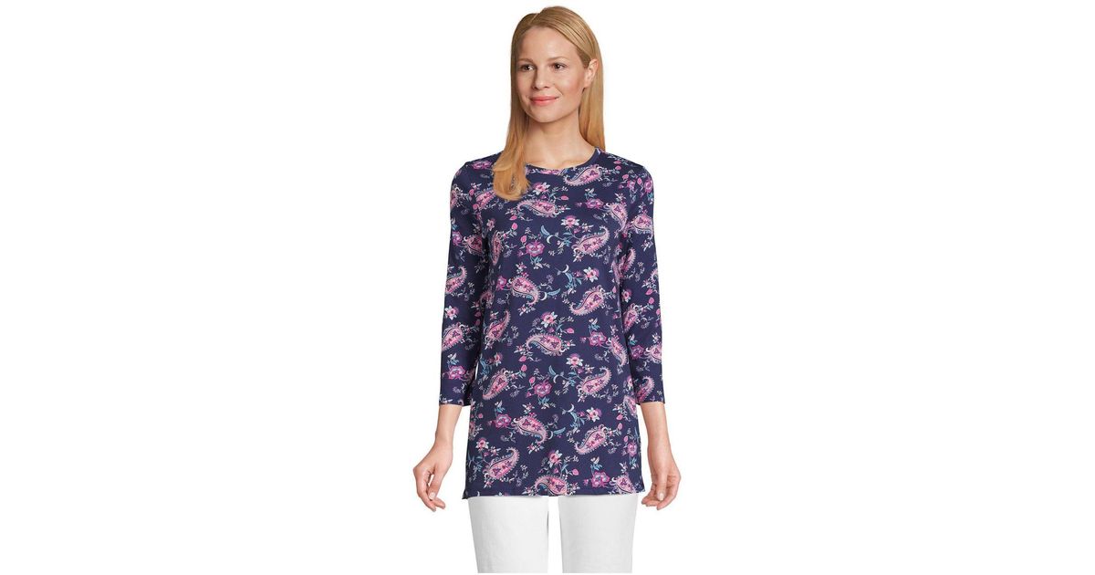 Lands' End Petite 3/4 Sleeve Supima Cotton Crewneck Tunic in Blue Lyst