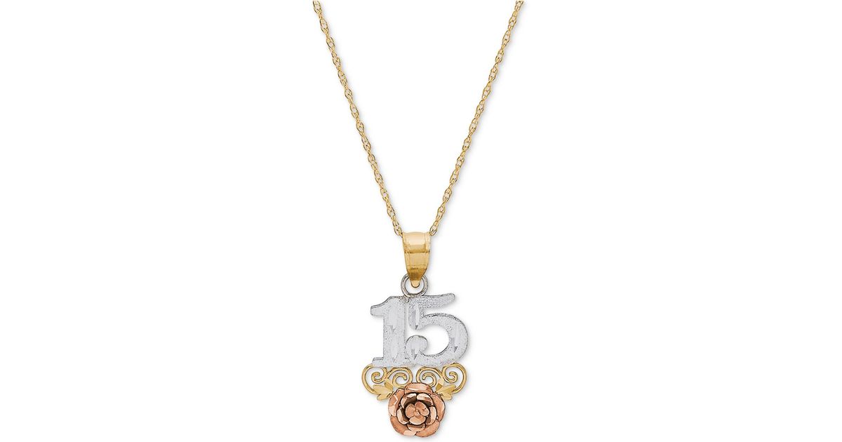 Macy S Metallic Tricolor Quinceañera 15 Rose 16 Pendant Necklace In 14k Gold Rhodium Plate