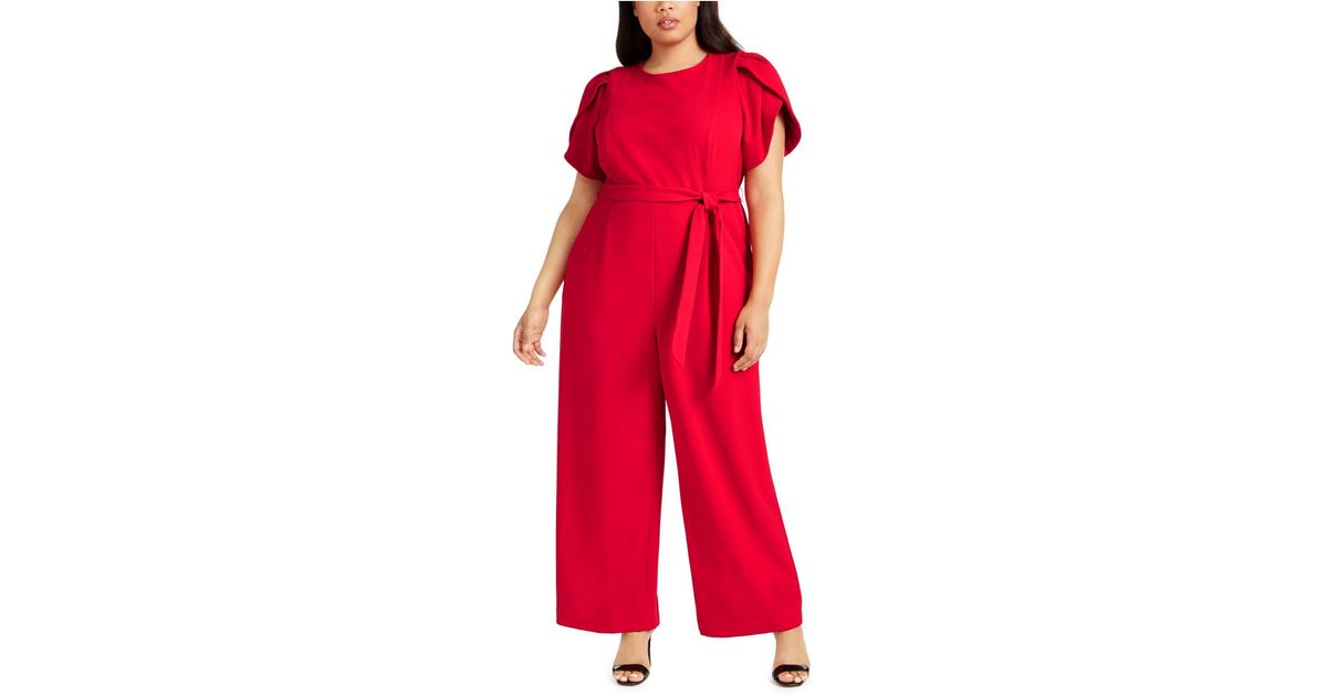 Calvin Klein Plus Size Tulip-sleeve Belted Jumpsuit in Red | Lyst