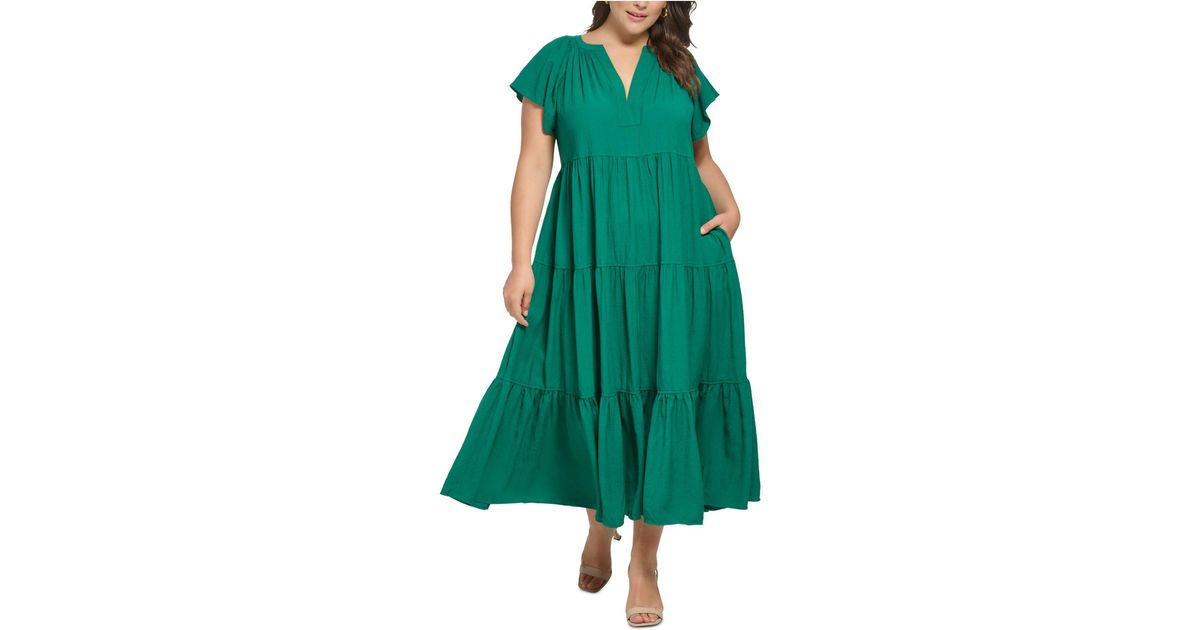 Calvin Klein Plus Size Flutter-sleeve Tiered Maxi Dress in Green | Lyst