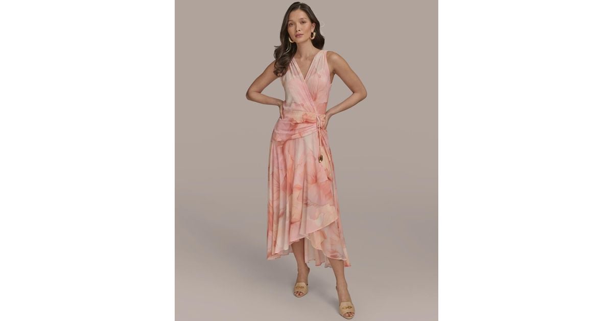 【Donna Karan New York】Printed Ruched A-Line Dress Donna Karan Printed Ruched A-line Dress in Pink | Lyst