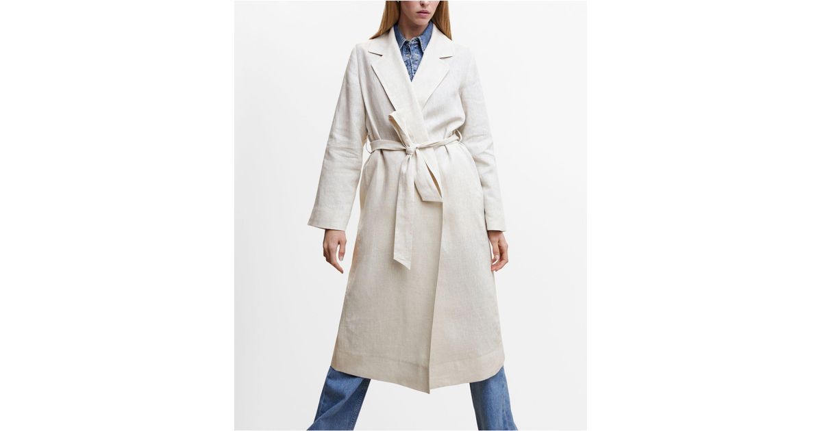 Mango Linen Lapel Detail Trench Coat in White Lyst