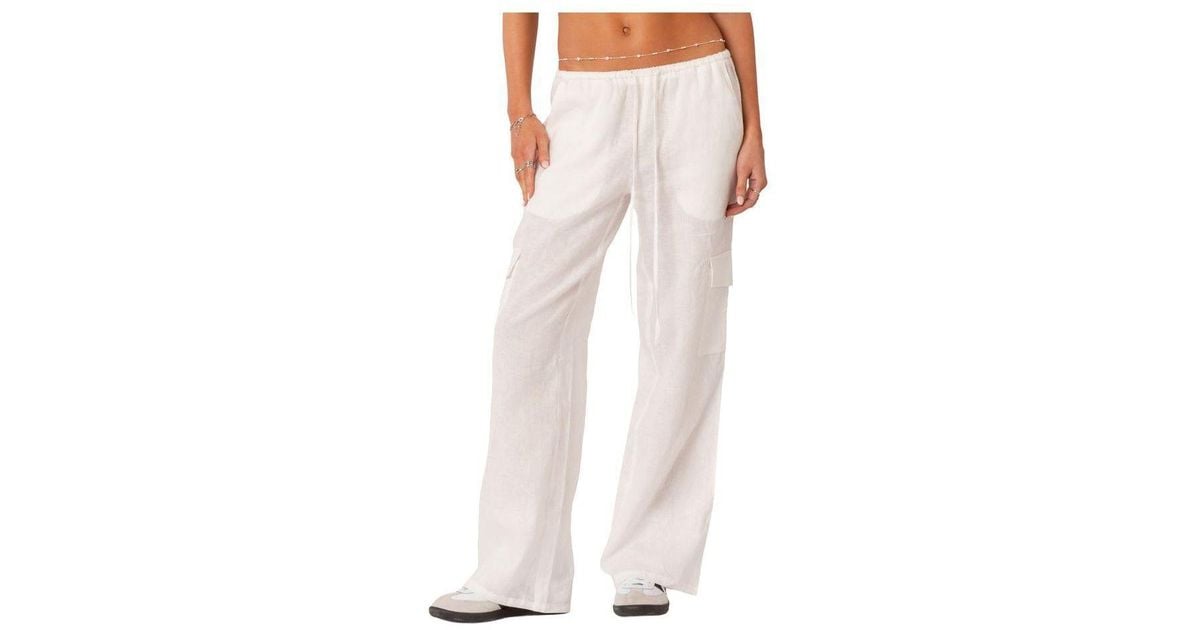 Edikted Linen Low Rise Cargo Pants in White | Lyst