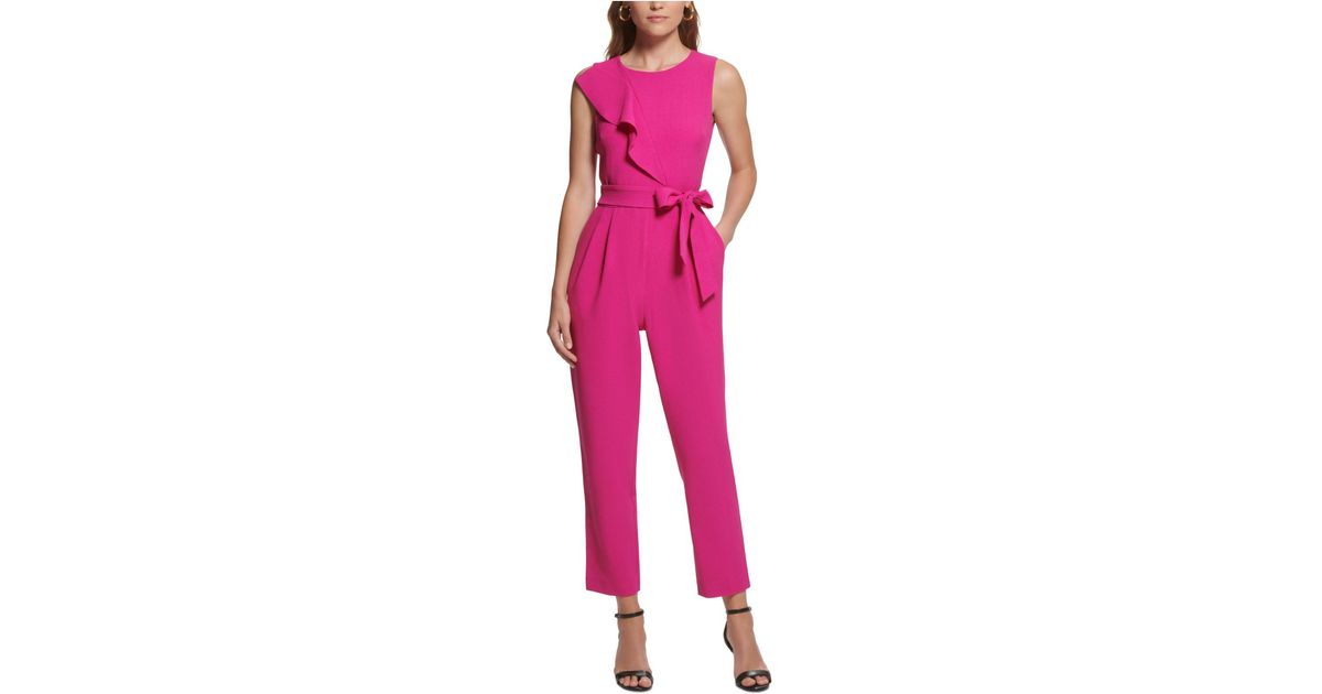 Jessica Howard Petite Ruffled Belted Jumpsuit in Pink | Lyst