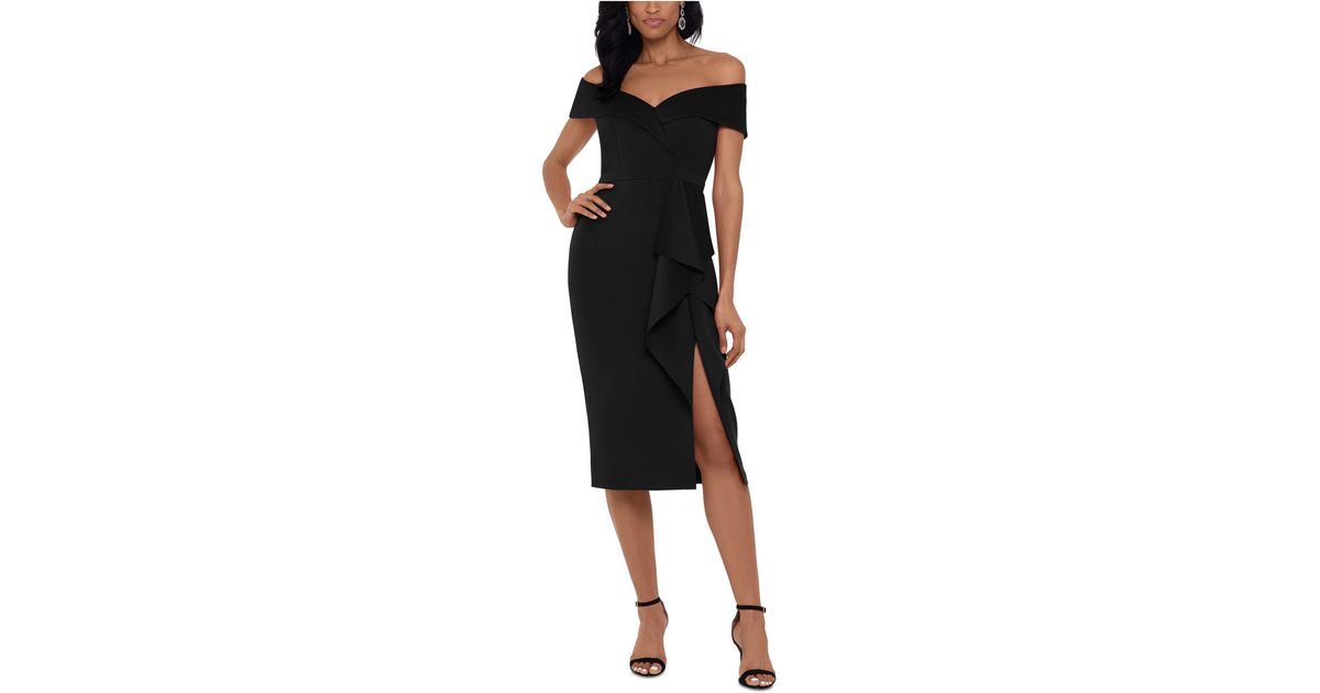 Xscape Synthetic Waterfall-ruffle Off-the-shoulder Gown in Black - Lyst