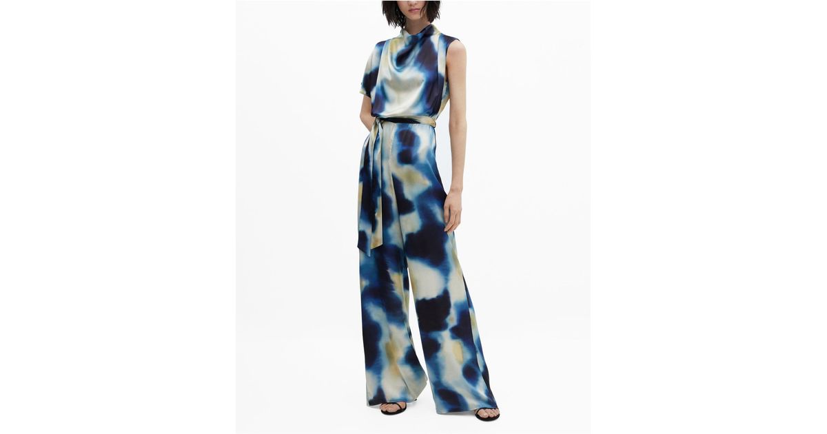 Mango Draped Neck Asymmetric Satin Jumpsuit in Blue Lyst