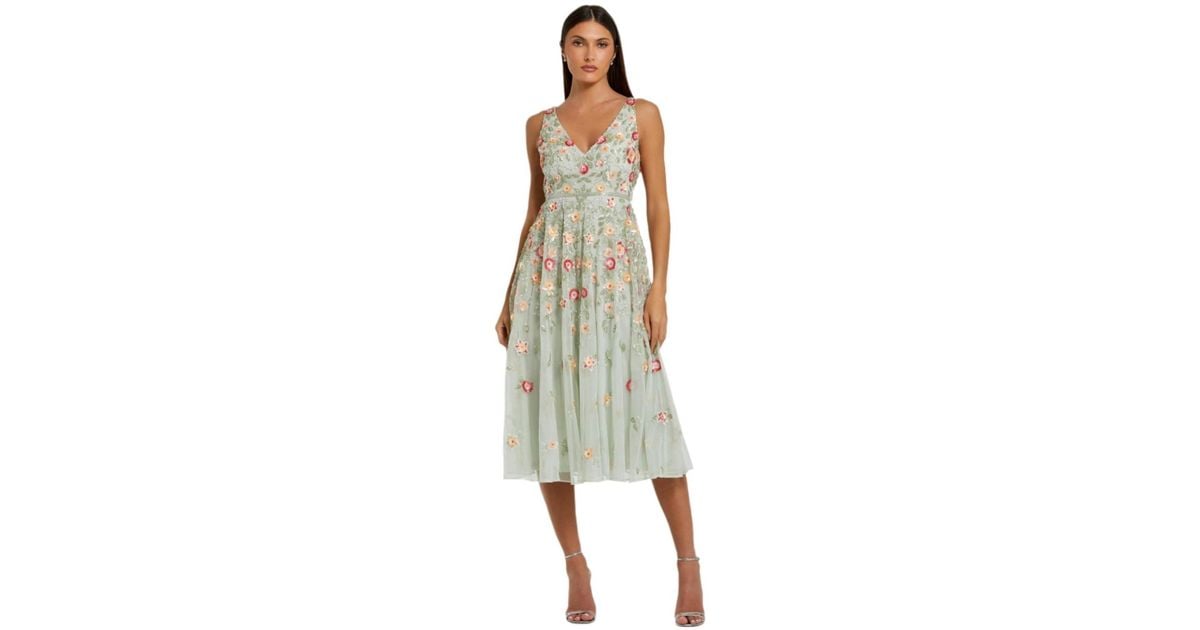 Mac Duggal Deep V-neck Embroidered Midi Dress | Lyst