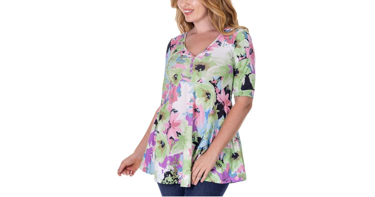 売れ筋商品|||２４セブンコンフォート カットソー トップス レディース Print Elbow Sleeve V Neck Henley Tunic Top Miscellane 24seven Comfort Apparel Print Elbow Sleeve V Neck Henley