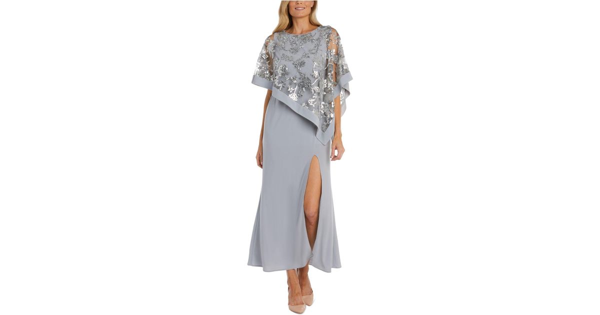 R & M Richards Sequinned Floral-lace-poncho Gown in Gray | Lyst