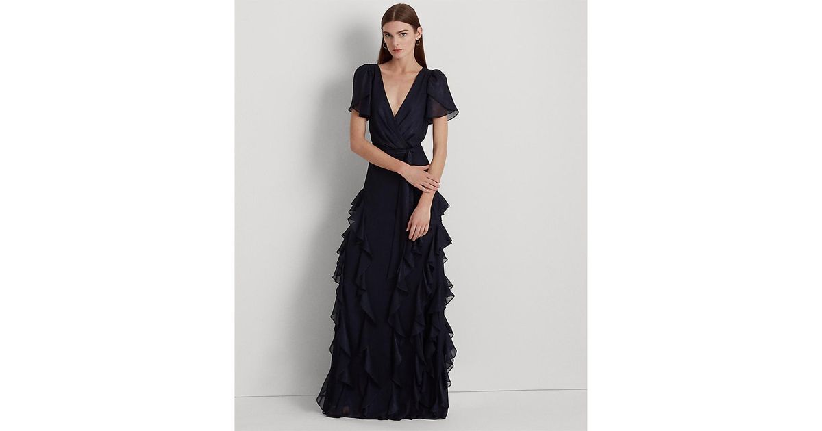 Ralph Lauren Ruffle-trim Metallic Chiffon Gown in Blue | Lyst