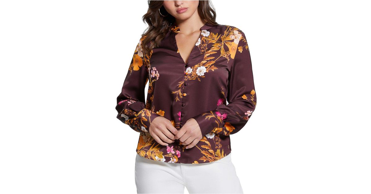 Guess Rita Floral-print Satin Blouse in Red | Lyst