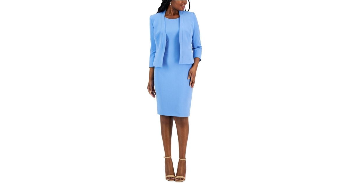 Le Suit Crepe Open Front Jacket & Crewneck Sheath Dress Suit, Regular