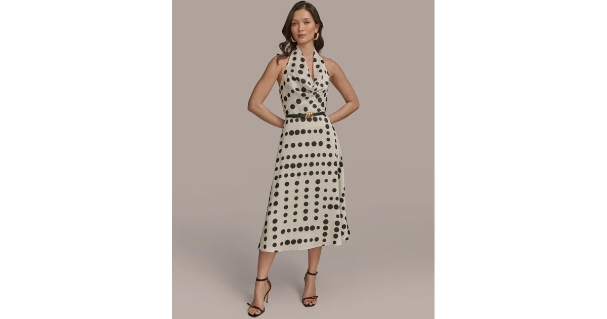 【Donna Karan New York】Polka-Dot Belted A-Line Dress Donna Karan New York Women's Polka-dot Belted A-line Midi