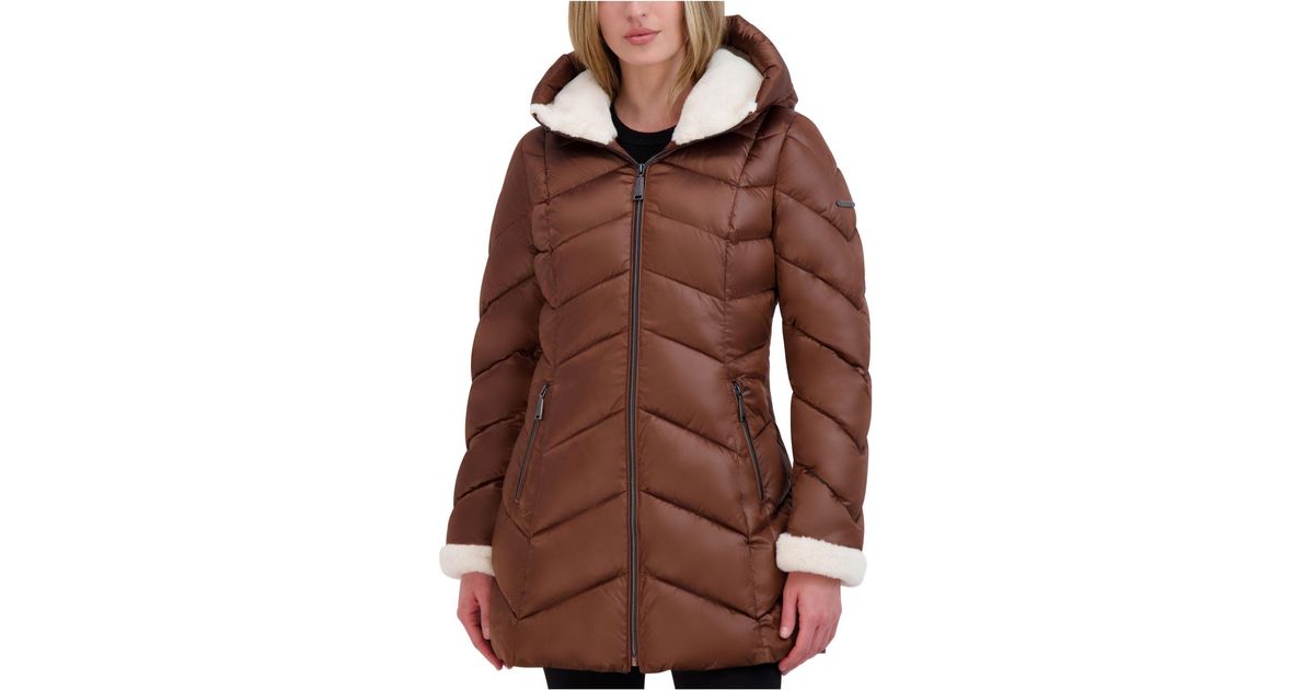 Laundry by Shelli Segal Shine Faux-fur-trim Hooded Puffer Coat in Brown ...